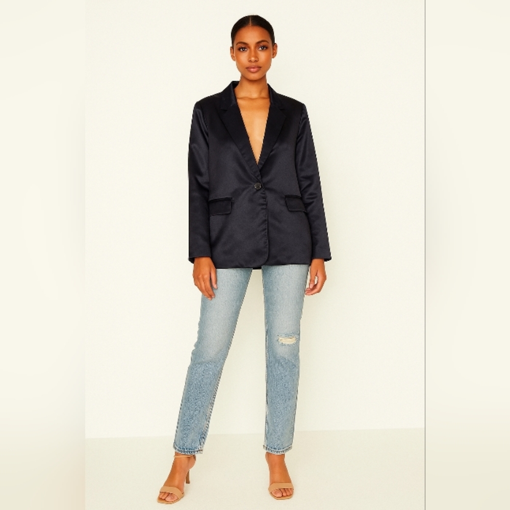 And Now This Satin-Like Dark Blue Jacket Single Button Small Holiday Party